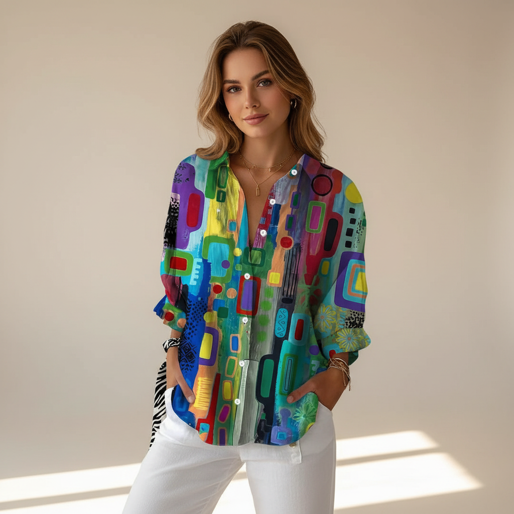 Camisa feminina estampada colorida com botões, ideal para verão e primavera. Blusa leve e estilosa para moda casual.