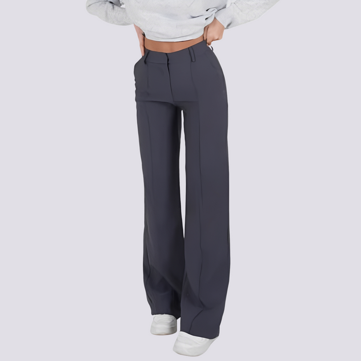 Calças femininas elegantes de cintura alta, modelo casual e versátil, tendência para conforto e estilo.