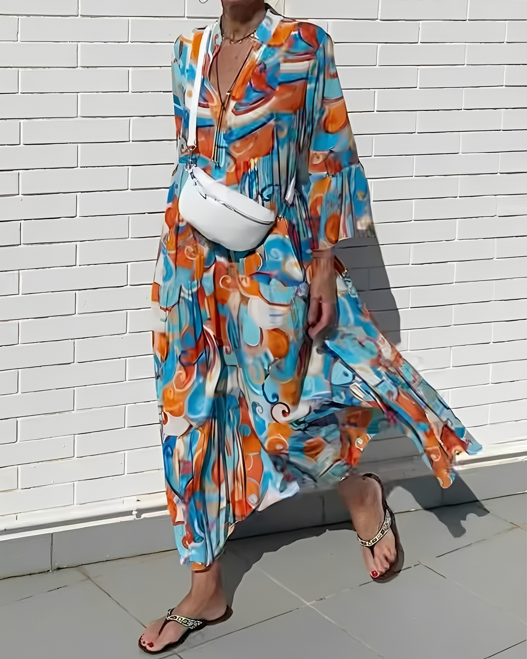 Vestido midi feminino azul confortável com decote V, ideal para verão e estilo casual dia a dia.
