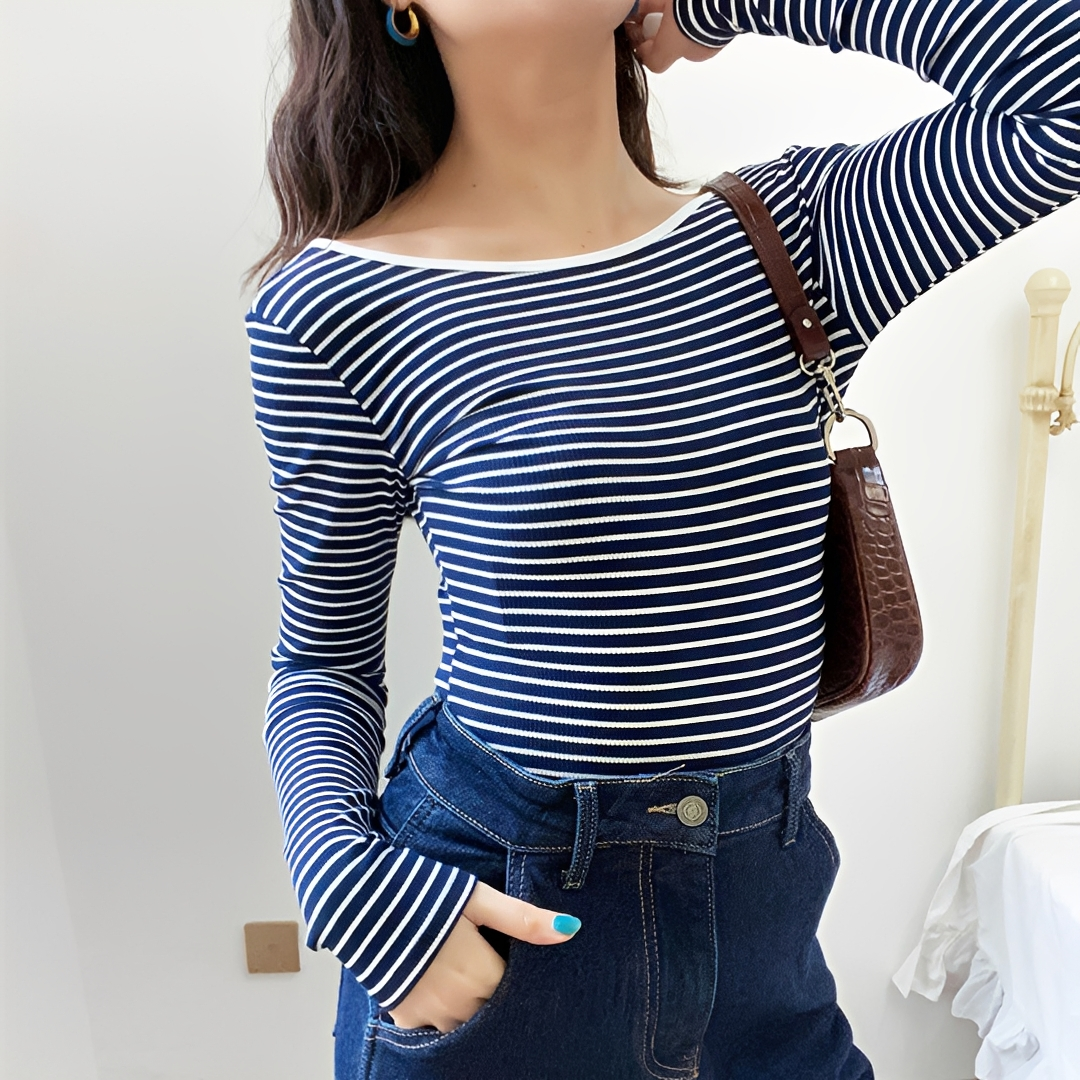 Body feminino shapewear listrado de manga comprida, elegante e versátil para outono. Moda casual.