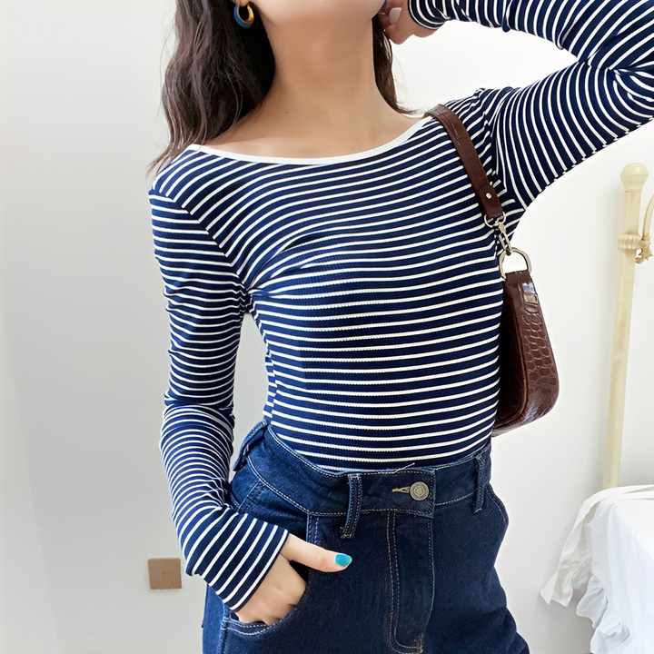 Body feminino shapewear listrado de manga comprida, elegante e versátil para outono. Moda casual.