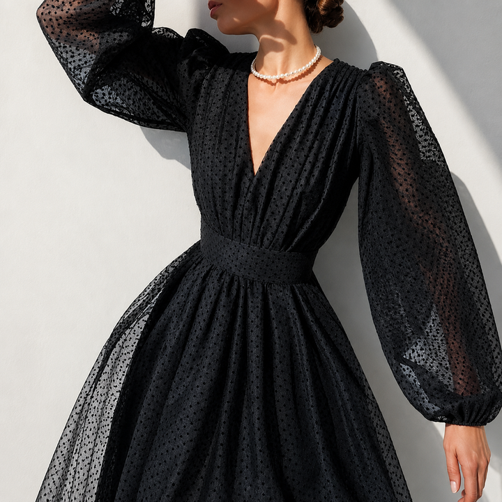 Vestido elegante feminino midi com decote V e manga longa. Estilo moderno para primavera/verão e look sofisticado.