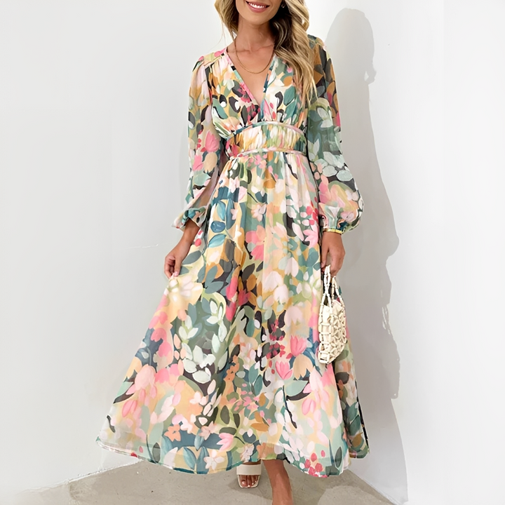 Vestido verde feminino outono, manga longa, caimento fluido. Estilo elegante e versátil para a moda feminina.