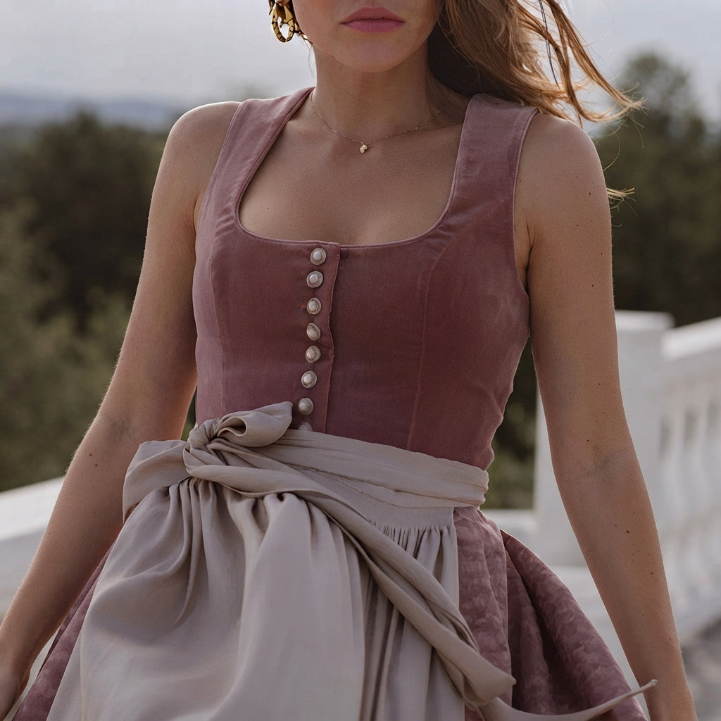 Vestido feminino Dirndl tradicional vermelho, decote quadrado. Vestido midi elegante para festas, celebrações e Oktoberfest.