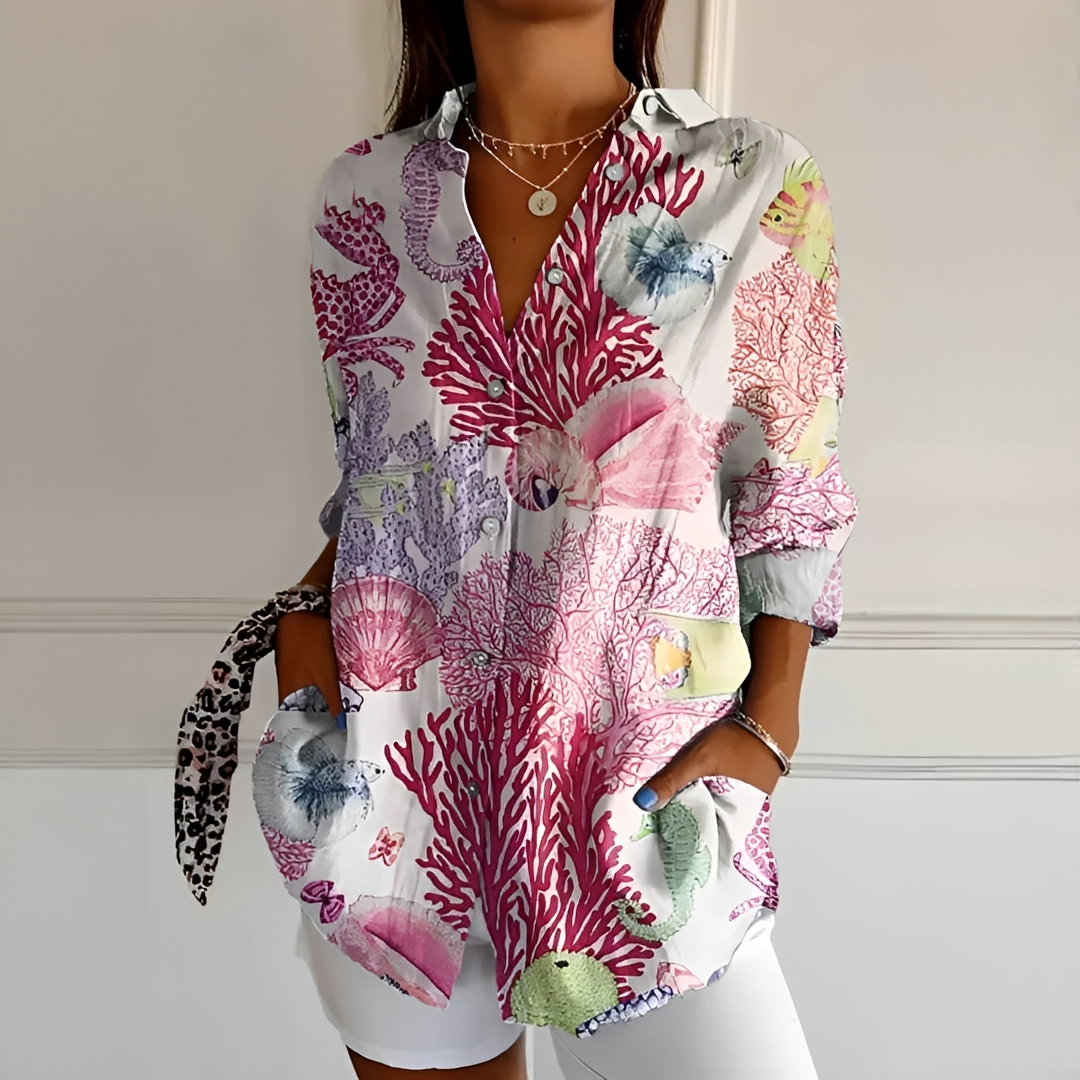 Blusa floral Eleanor para verão/primavera, estilo elegante com botões, moda feminina confortável.