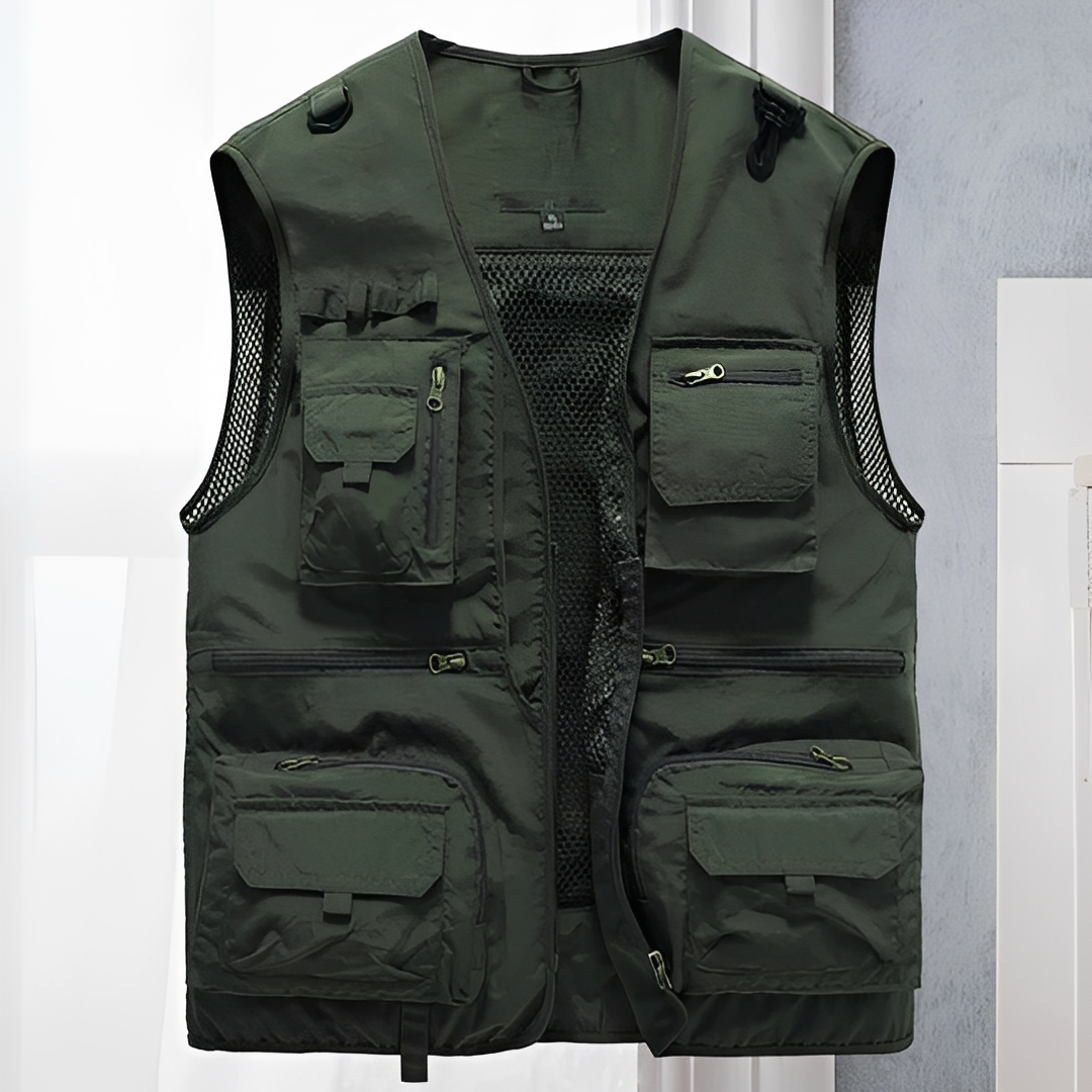Colete masculino de verão moderno com vários bolsos, ótimo para look casual, pesca e viagem. Estilo e praticidade para homens.