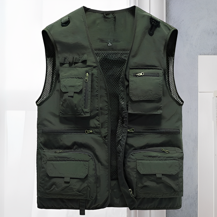 Colete masculino de verão moderno com vários bolsos, ótimo para look casual, pesca e viagem. Estilo e praticidade para homens.
