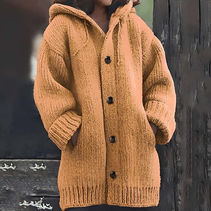 Moda inverno: Jaqueta feminina quente, confortável e elegante com capuz.