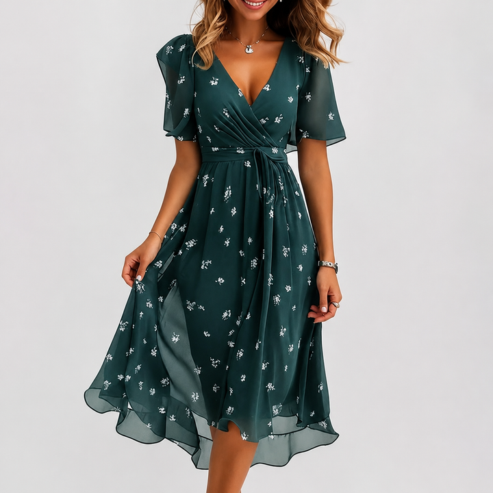 Vestido midi feminino fluido com decote V, ideal para verão e primavera, estilo casual elegante.