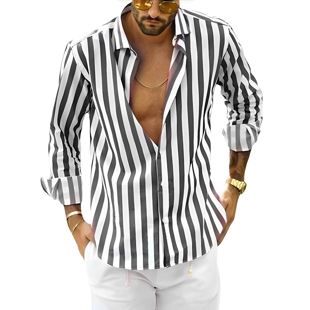 Camisa de verão masculina listrada fina, estilo casual elegante. Perfeita para moda masculina versátil.