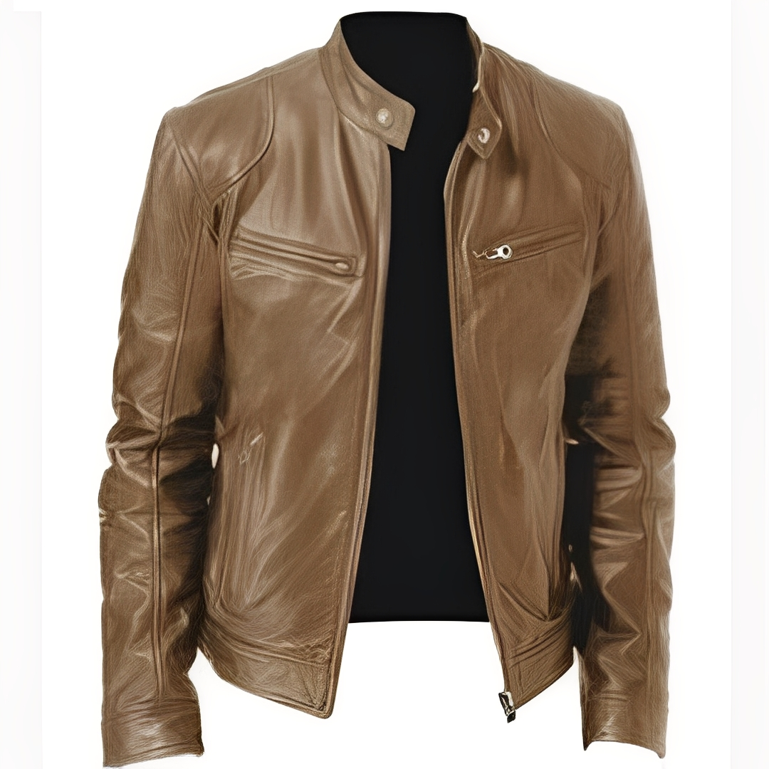 Casaco masculino elegante com gola alta e zíper, perfeito para estilo moderno. Jaqueta de inverno confortável para looks casuais e formais.