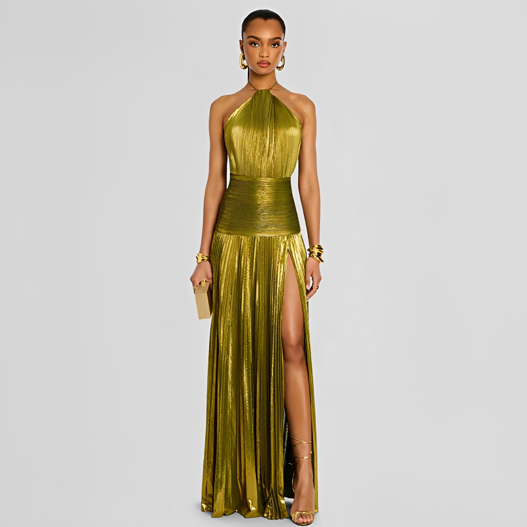 Vestido feminino longo verde elegante plissado com fenda. Ideal para moda verão, eventos casuais chiques ou festas.