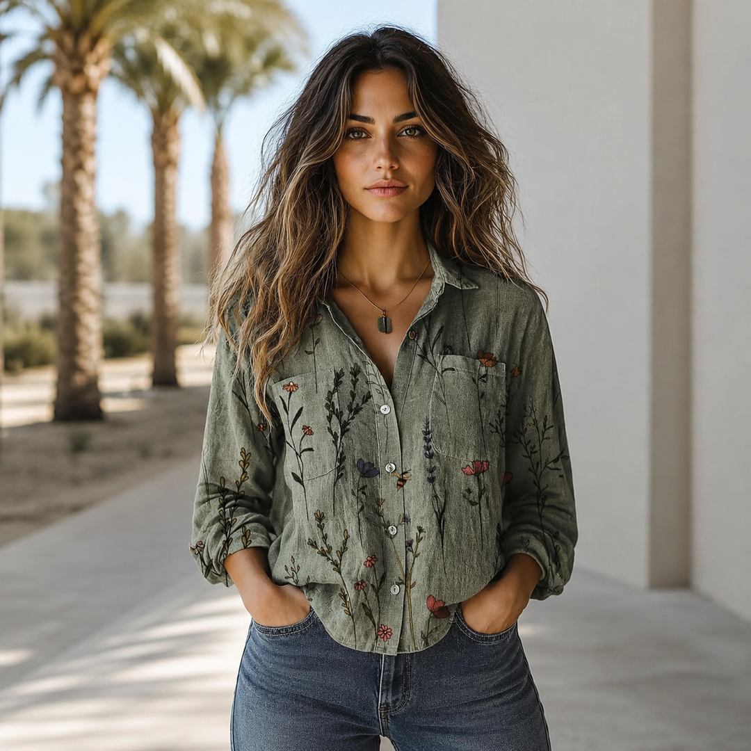 Blusa feminina floral vintage leve, perfeita para primavera e verão. Estampa elegante e casual.