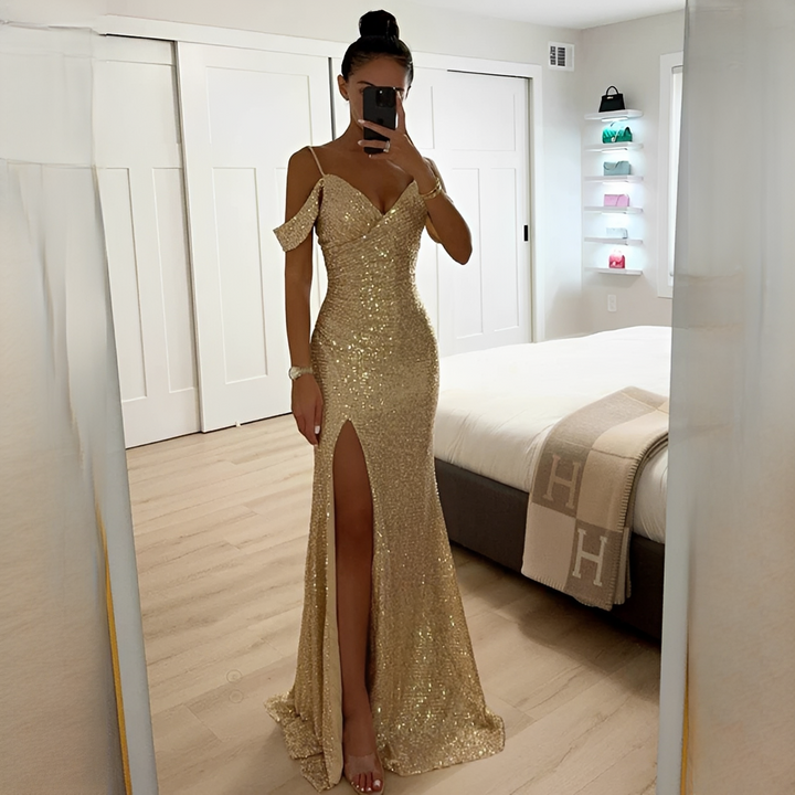 Elegante vestido de festa longo Ashriel com fenda e brilho. Perfeito para ocasiões formais e gala.
