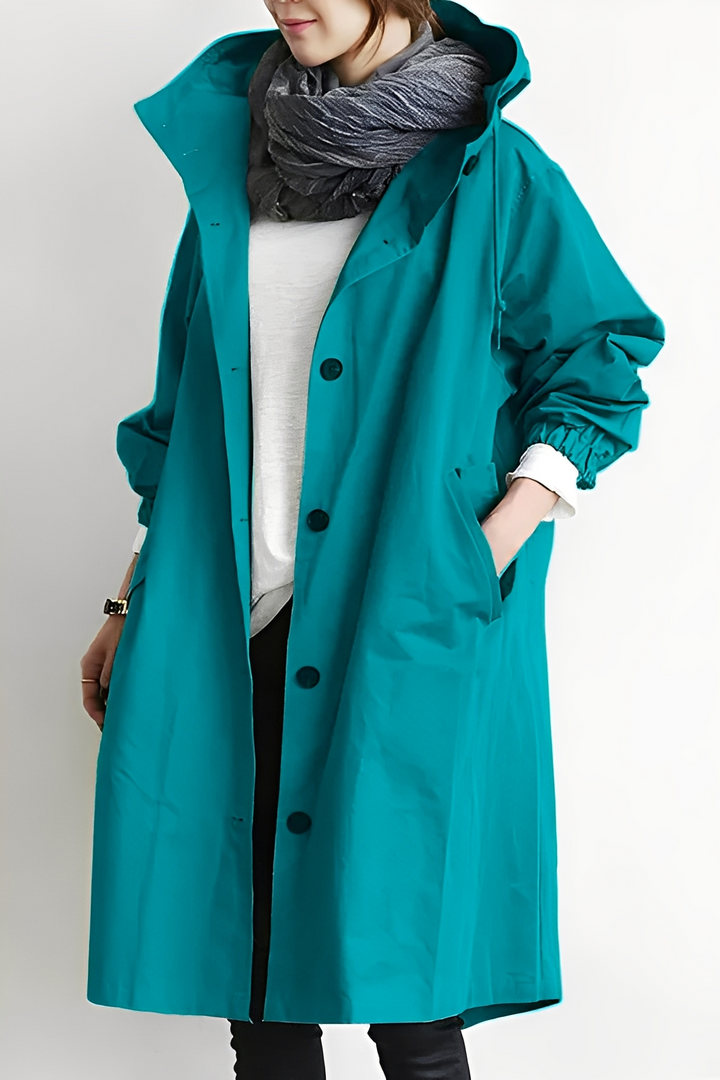 Casaco impermeável feminino elegante e leve, perfeito para proteção chique contra chuva na primavera e outono.