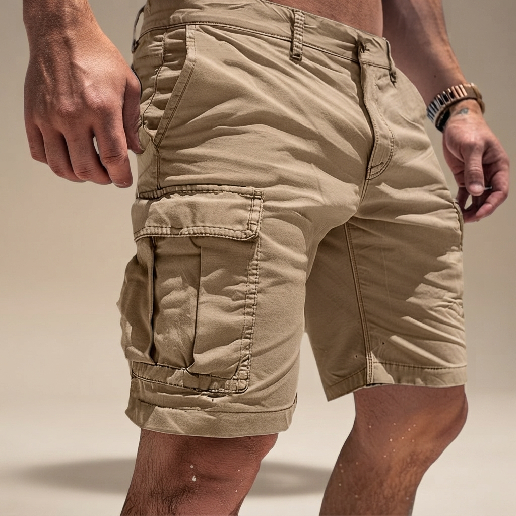 Shorts masculinos cargo com múltiplos bolsos utilitários para praticidade, perfeitos para o estilo casual de verão.
