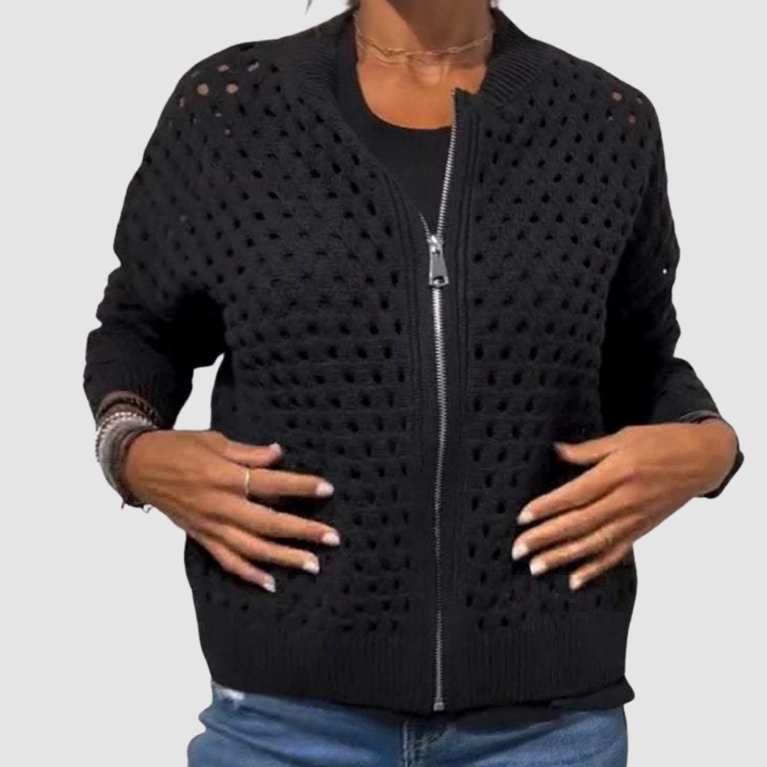 Cárdigan feminino de malha com zíper, estilo e conforto para looks casuais e elegantes.