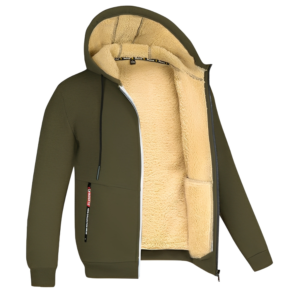 Roupa masculina: Casaco de inverno com capuz, ideal para o frio. Oferece conforto, estilo e proteção.