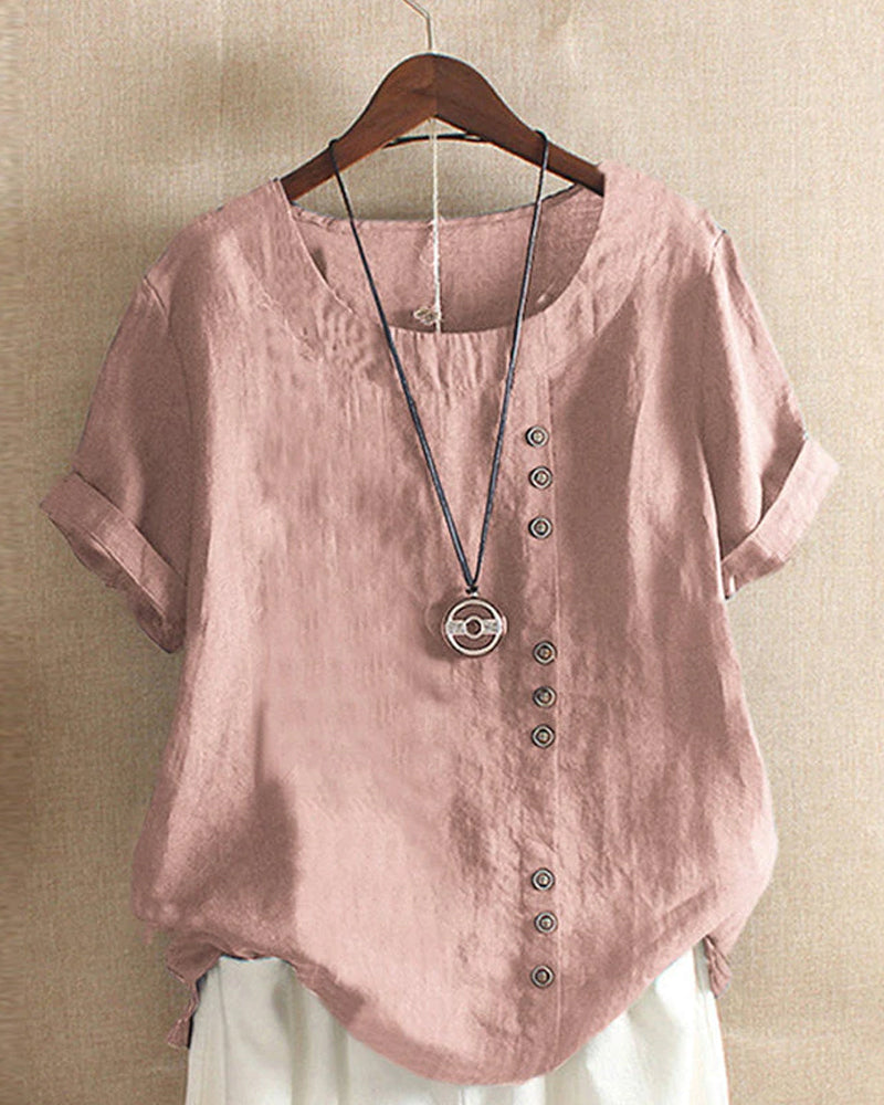 Blusa feminina casual de manga curta com gola redonda, perfeita para moda verão. Conforto e estilo.