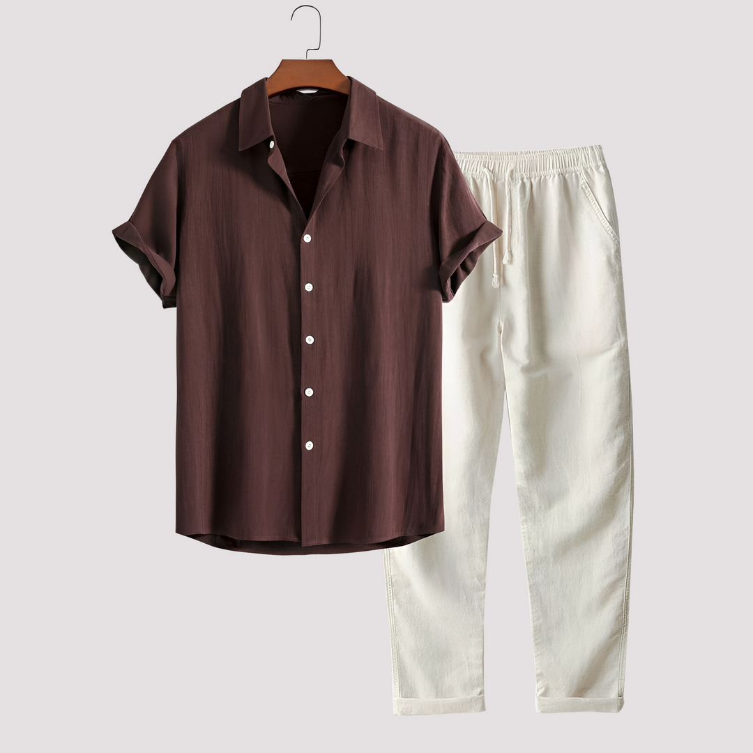 Terno solto masculino de duas peças, ideal para o estilo de verão. Conforto e elegância casual para a moda do dia a dia.