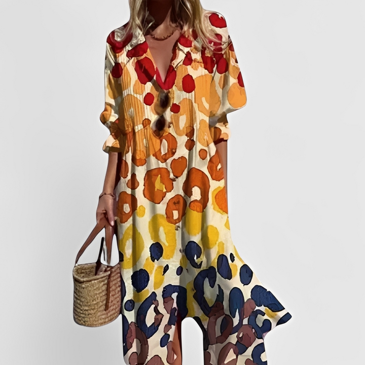 Vestido feminino midi com estampa floral vibrante, estilo verão elegante e moderno.