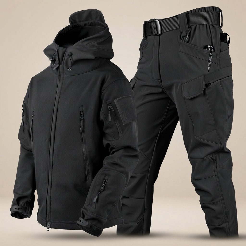 Vestuário casual de homem: conjunto de calças e camisola outdoor. Roupa desportiva para conforto em viagem ou lazer.