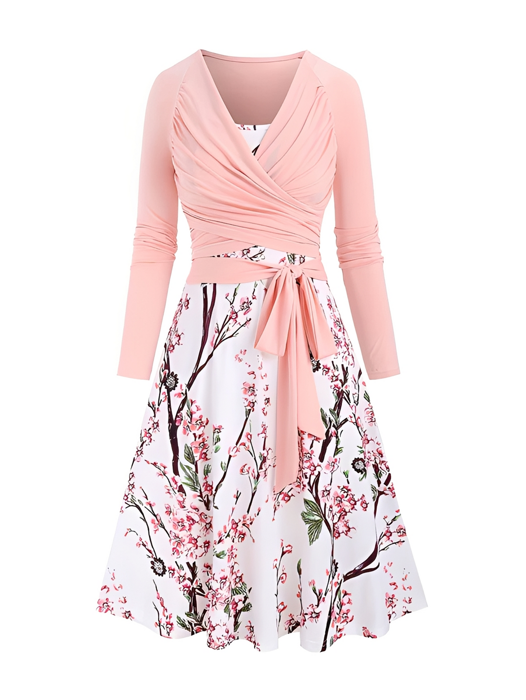 Vestido feminino vintage rosa de duas peças. Estilo casual elegante para primavera e verão.