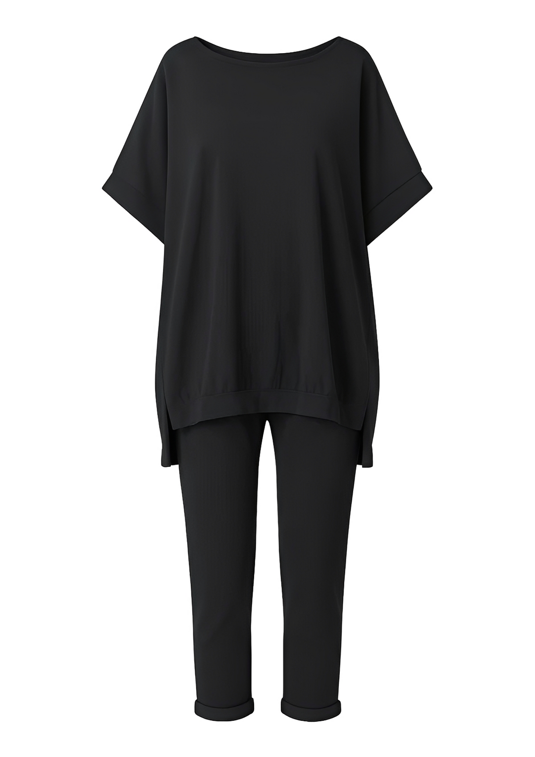 Conjunto feminino de blusa solta e calça larga preta. Moda casual versátil, ideal para primavera, verão e outono.
