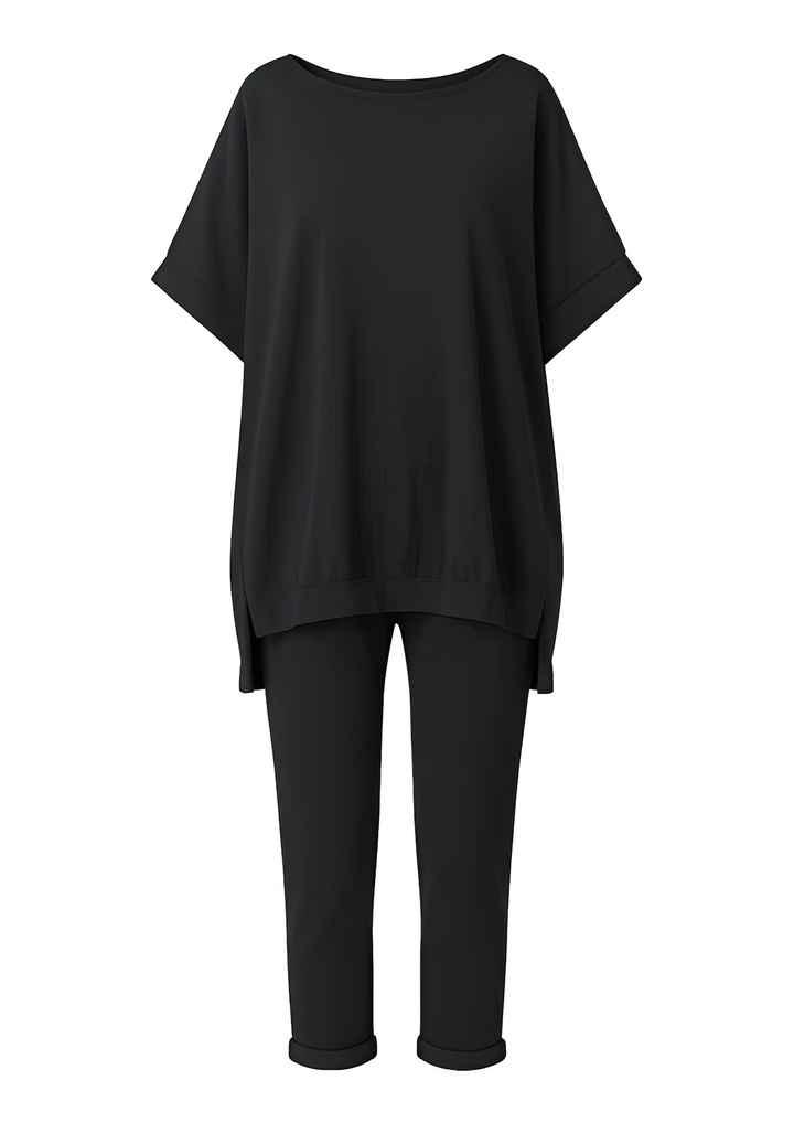 Conjunto feminino de blusa solta e calça larga preta. Moda casual versátil, ideal para primavera, verão e outono.
