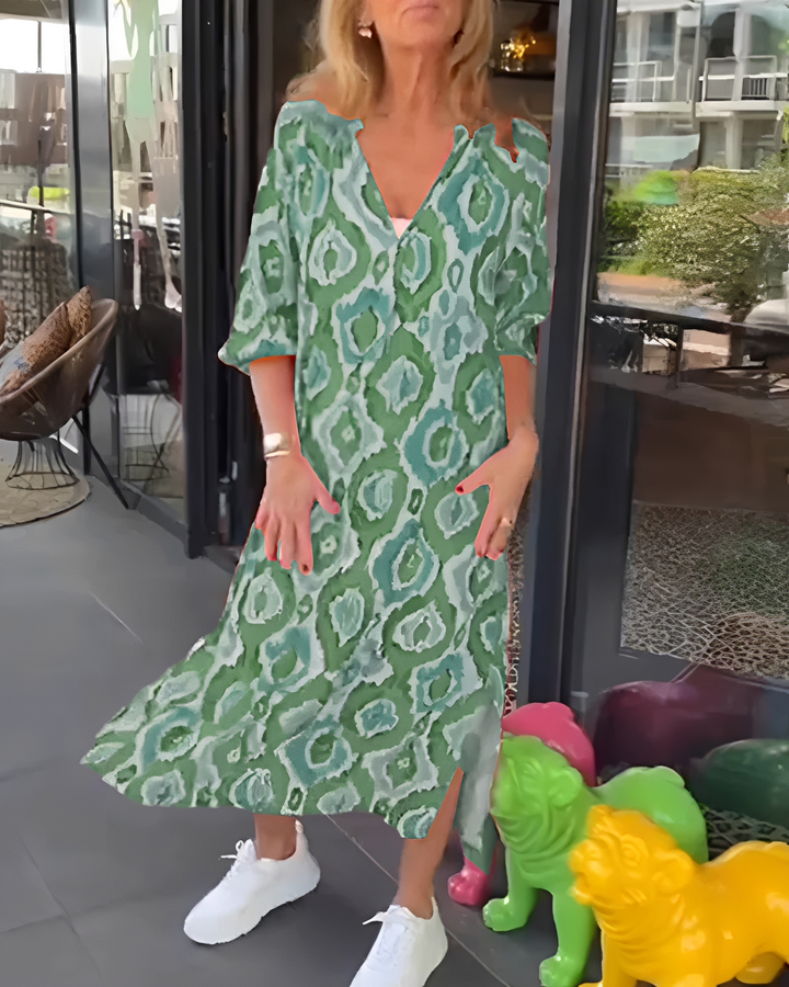 Vestido midi estampado feminino com decote V, estilo elegante para o verão. Roupa casual de primavera, super confortável.