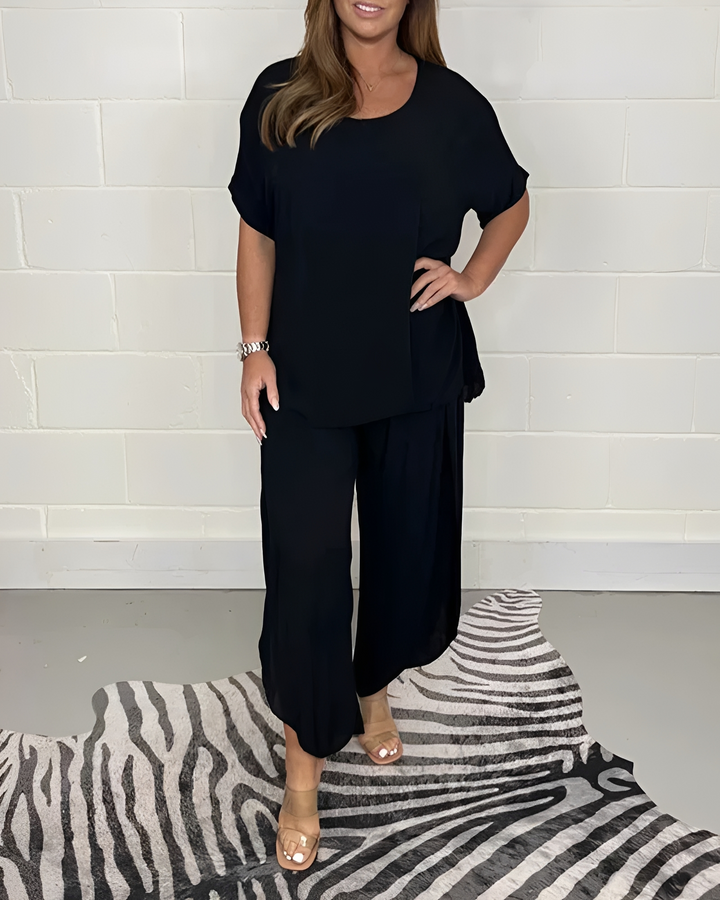 Conjunto feminino casual de calças soltas, perfeito para o verão e conforto diário.
