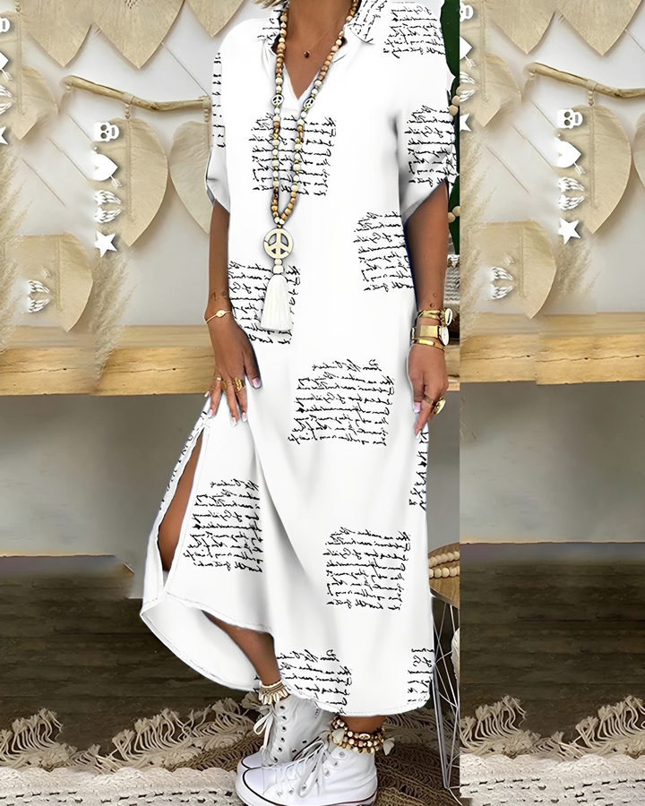 Vestido midi feminino branco elegante com decote V profundo e fenda lateral, ideal para verão casual ou festa.