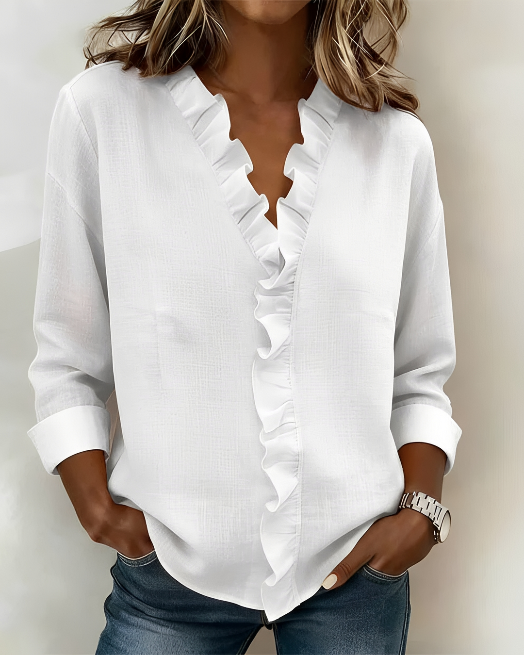 Blusa feminina versátil de manga longa, decote V, perfeita para outono e primavera, com estilo casual ou trabalho.