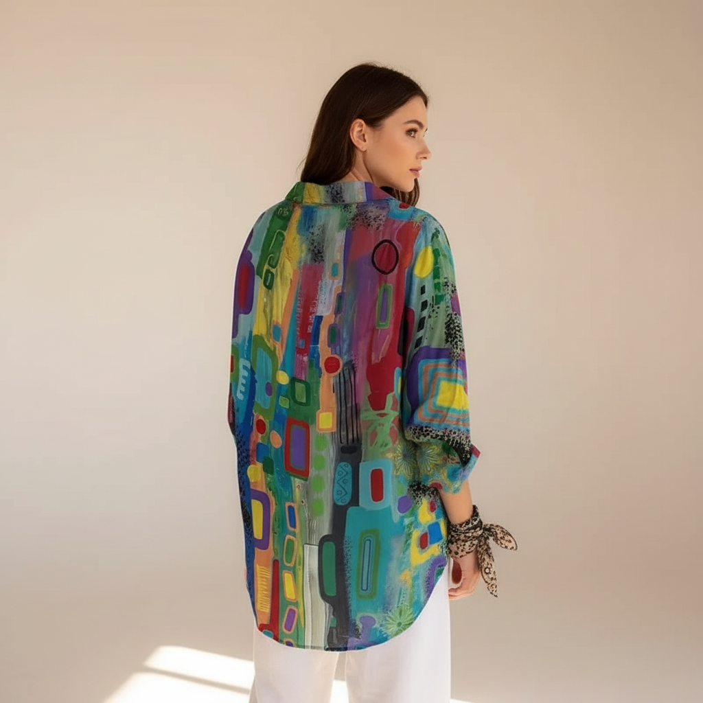 Blusa feminina estampada com botões, estilo casual chique de verão. Camisa leve para o dia a dia e primavera.