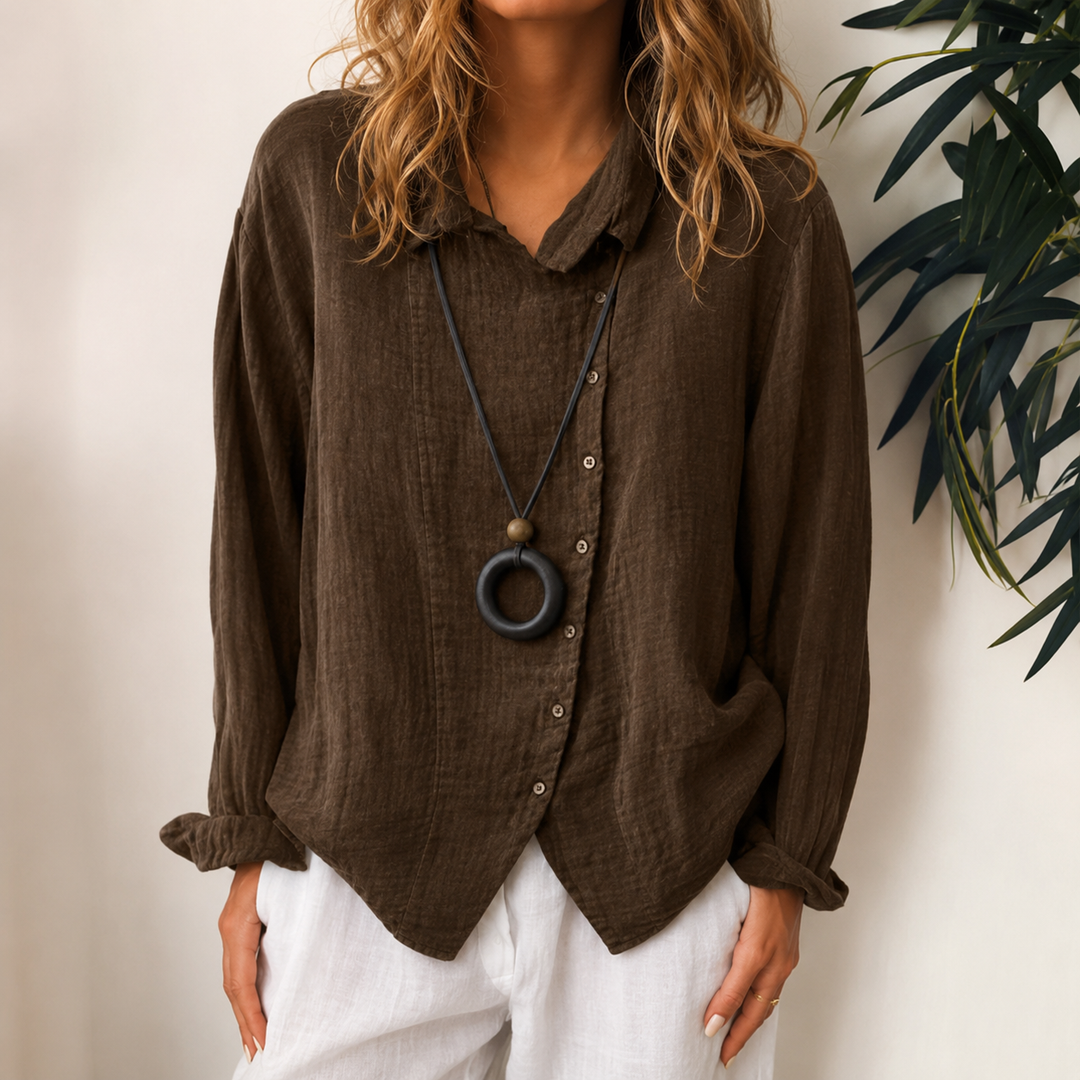 Blusa feminina de botões, estilo versátil para primavera, outono e roupa diária confortável.