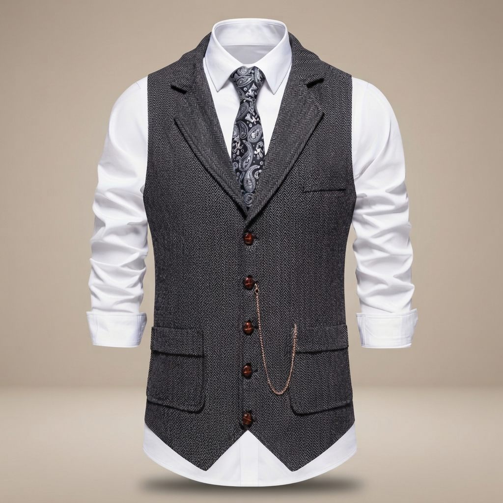 Colete masculino Clayton, design retrô e casual. Elegante padrão espinha de peixe para moda masculina clássica.