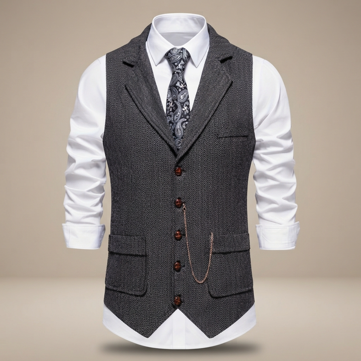 Colete masculino Clayton, design retrô e casual. Elegante padrão espinha de peixe para moda masculina clássica.