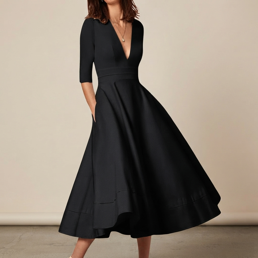 Vestido feminino midi elegante com decote V para verão. Confortável e colorido, ideal para o dia a dia e ocasiões casuais.