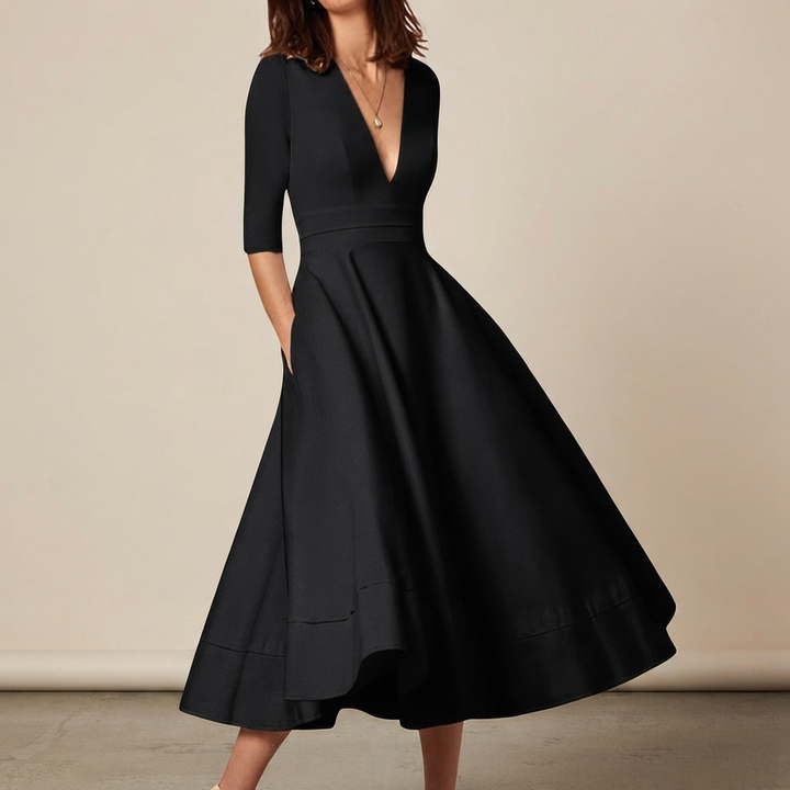 Vestido feminino midi elegante com decote V para verão. Confortável e colorido, ideal para o dia a dia e ocasiões casuais.