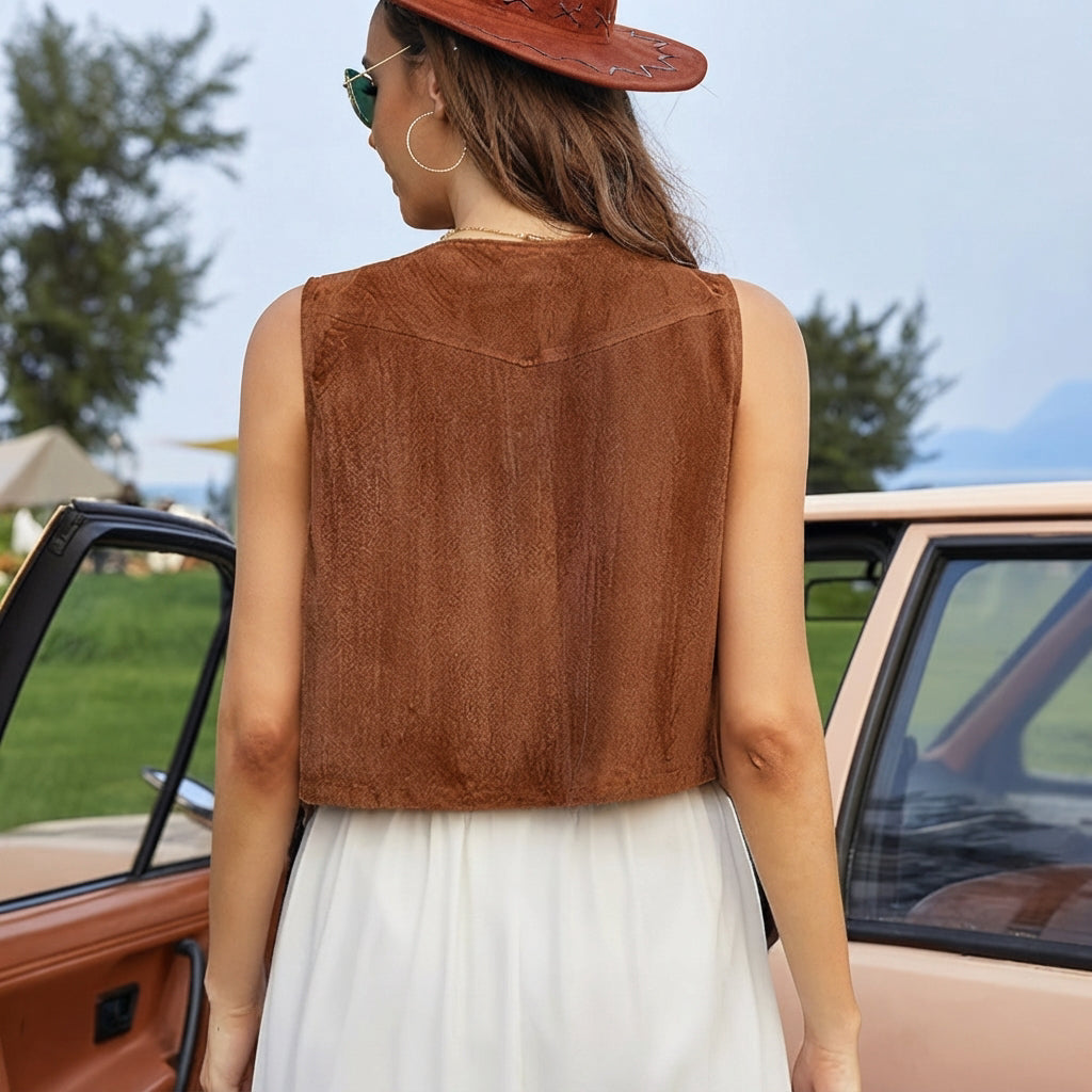 Mulher com colete feminino boho de franjas, estilo casual chique para o verão e primavera.