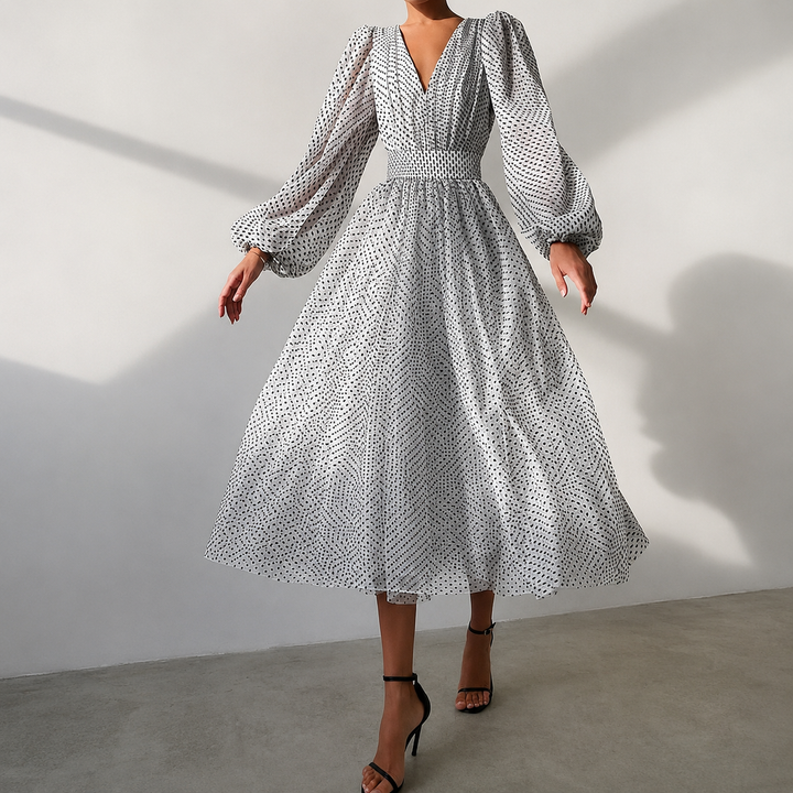 Vestido feminino casual sofisticado com decote em V e manga longa, ideal para eventos de primavera e verão.
