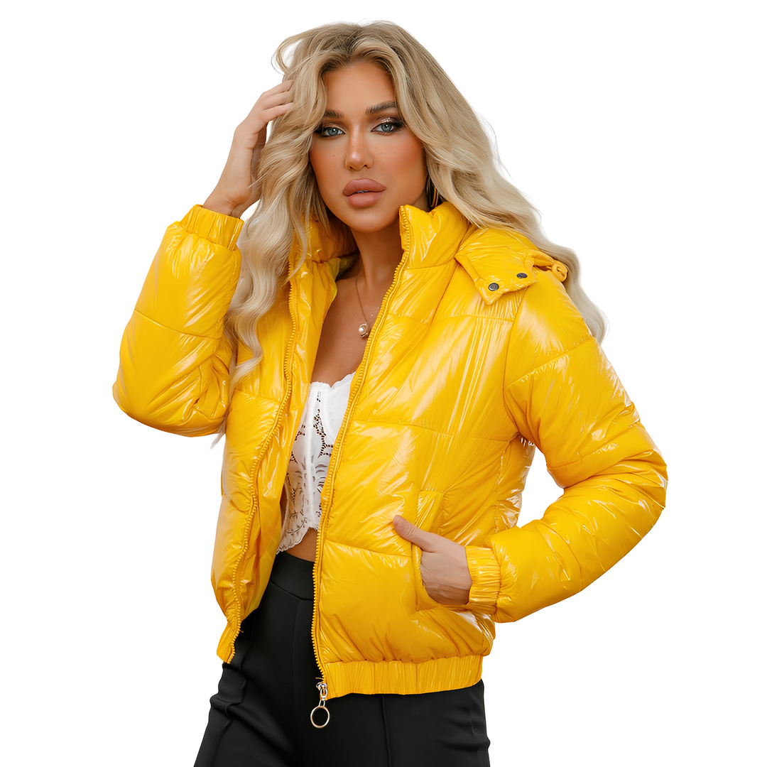 Casaco puffer feminino de inverno, brilhante e com capuz. Jaqueta acolchoada, super quentinha para o frio.
