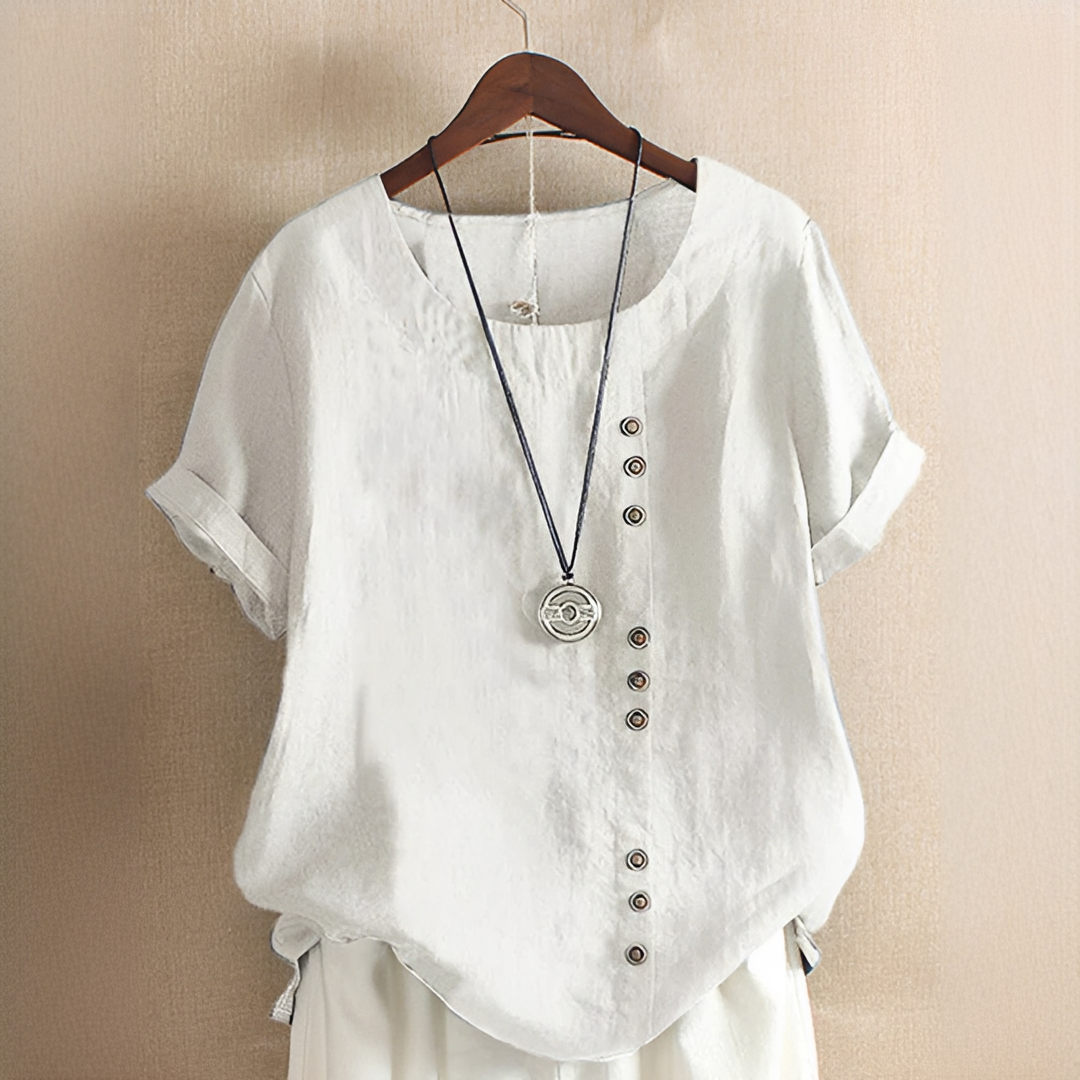 Top feminino Noelle com botões, roupa casual e elegante, perfeita para o verão. Conforto e leveza.