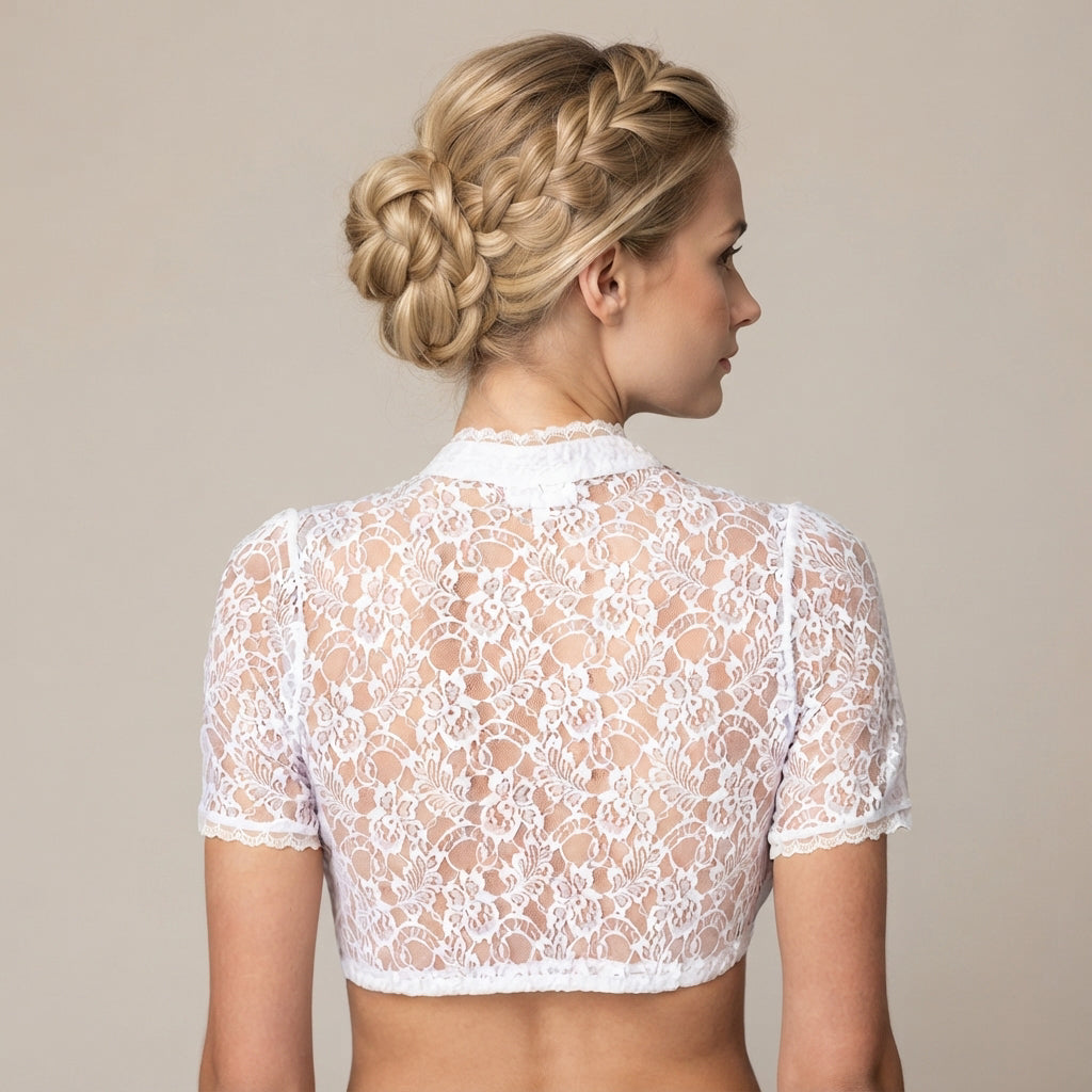Blusa feminina estilo Dirndl branca, atemporal e confortável. Perfeita para festas de verão e celebrações tradicionais.