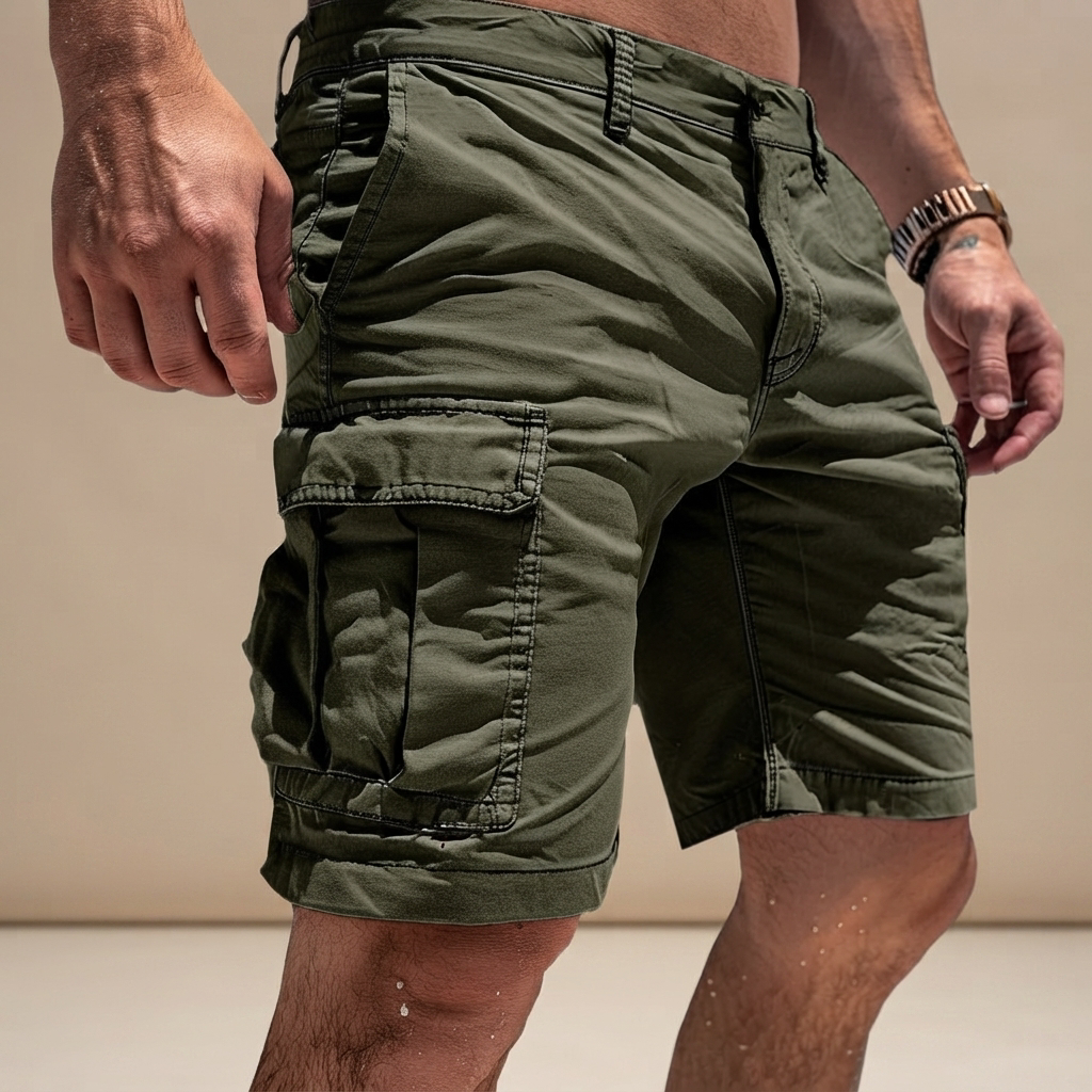 Modelo veste shorts cargo masculinos leves e frescos para o verão, oferecendo conforto e estilo casual para passeios.