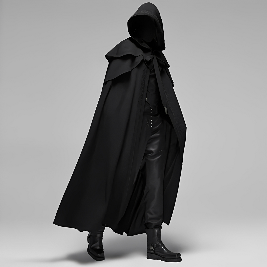 Capa gótica feminina preta com capuz, ideal para inverno e look misterioso.