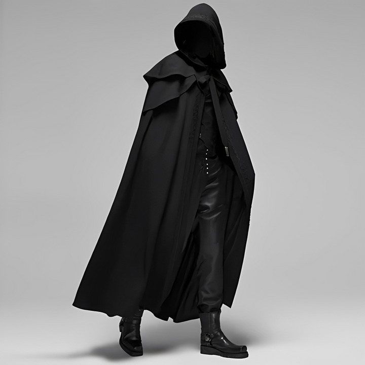 Capa gótica feminina preta com capuz, ideal para inverno e look misterioso.