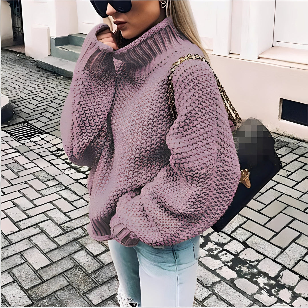 Suéter feminino com gola alta, um pulôver aconchegante para o inverno. Moda feminina elegante e quente.