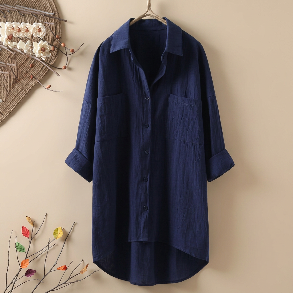 Camisa feminina de verão, relaxada e solta, com botões e manga longa para conforto casual.