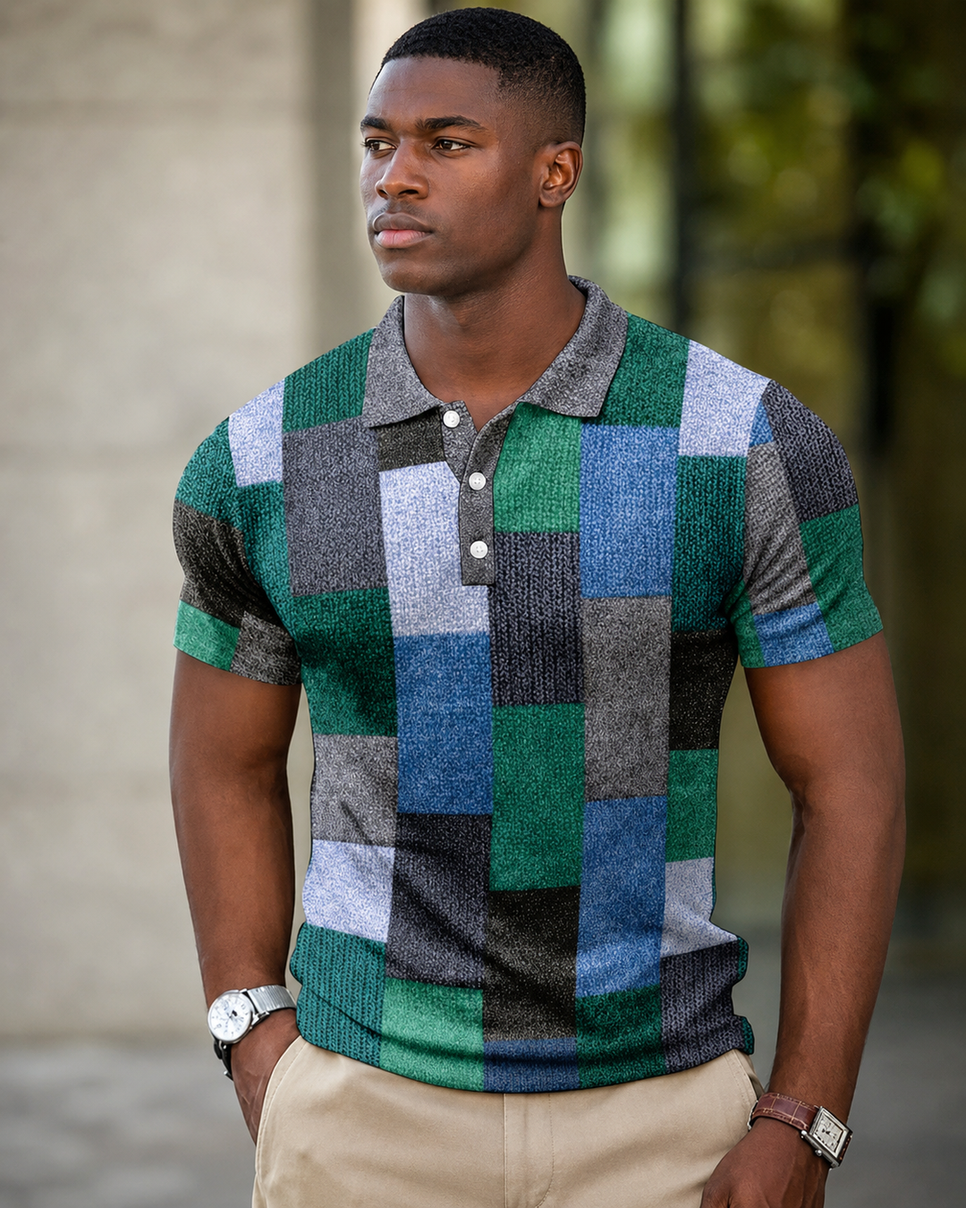 Polo masculina xadrez casual de manga curta, ideal para o verão. Estilo moderno e confortável para o homem.